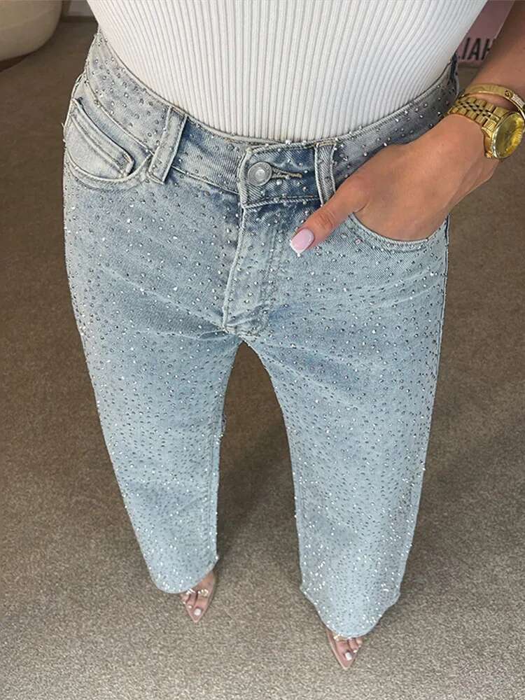 Y2k Women Shiny Rhie Denim Pants Wide Leg Straight Full Dia Jeans For Female Dragging High Street Outwear Trousers