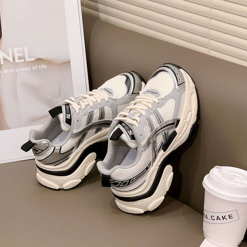 Genuine leather casual dad shoes, women's silver 2025 spring and autumn new versatile mesh thick sole, increased anti slip sports shoes