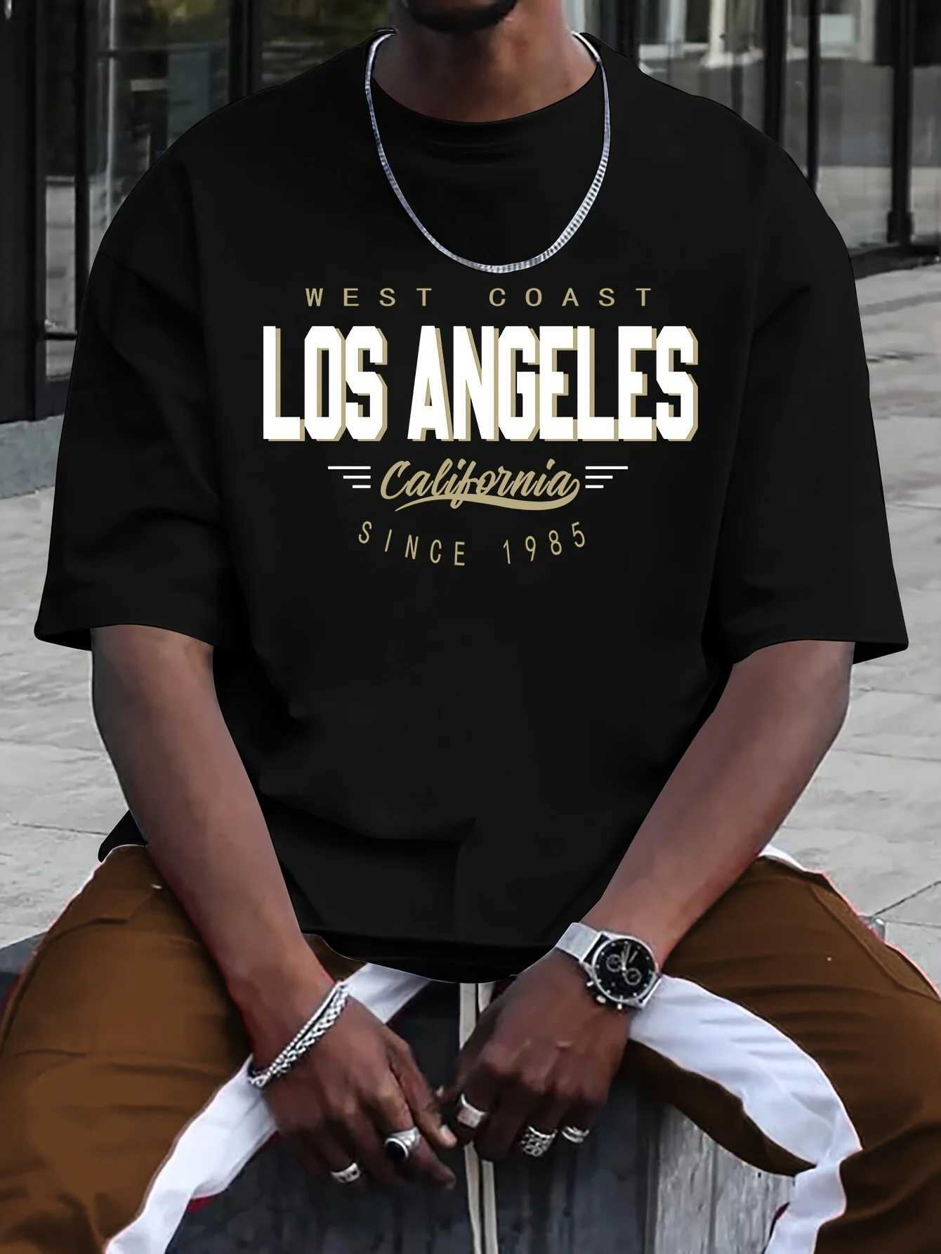 Summer mens 100% cotton comfortable casual loose plus size LOS ANGELES printed sports round neck short sleeved T-shirt topT250318