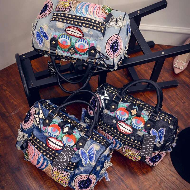Rock Style Fashion Totes Women Denim Handbags Casual Shoulder Vintage Demin Blue Top Handle Bolsa Large Travel Bags