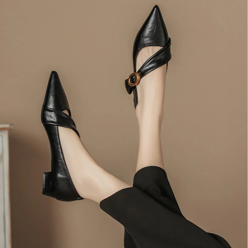 2025 Spring Vintage Women Pointed Toe Mary Jane Shoes Fashion Shallow Thick Heel Wedding Party Shoes 250318
