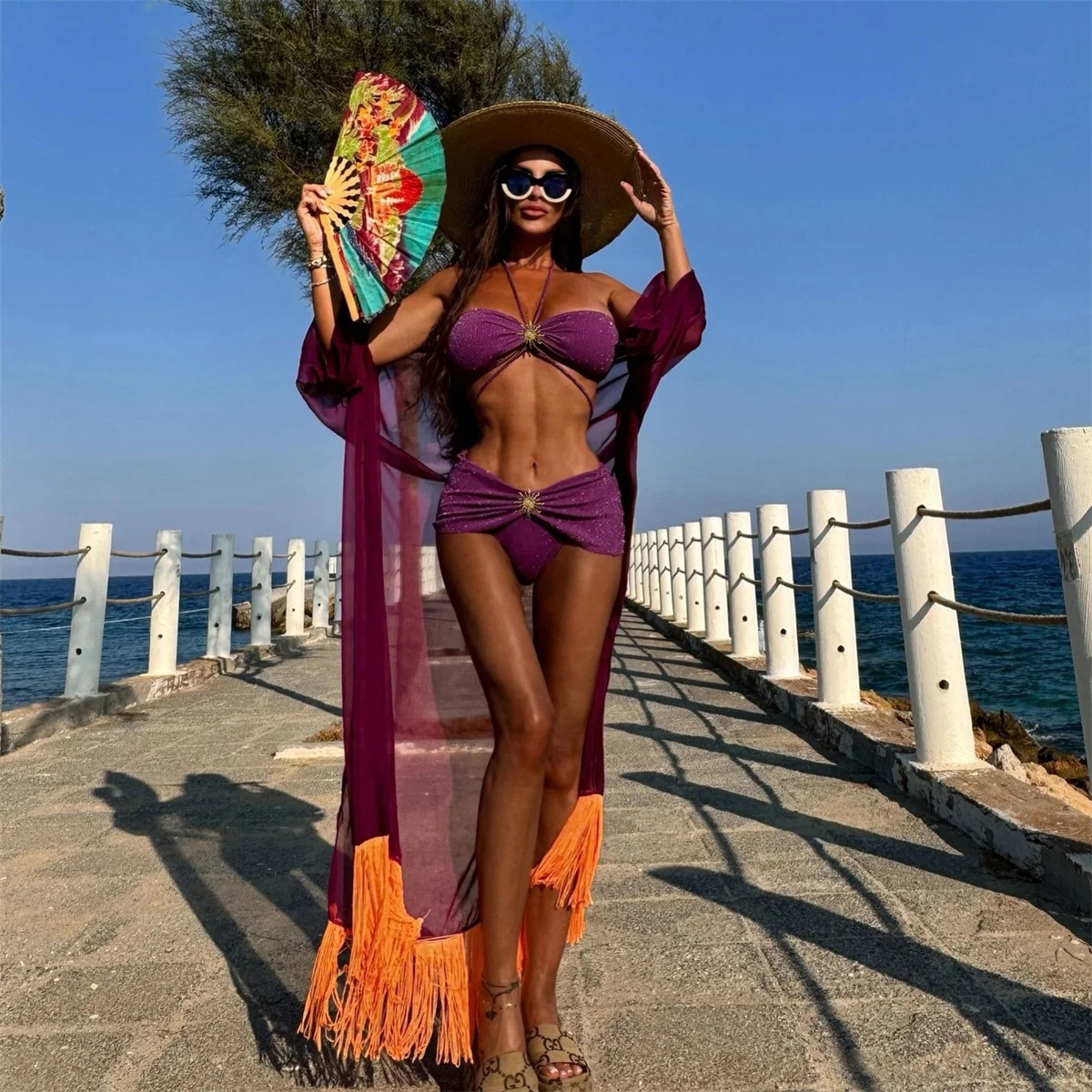 Sexy Shiny Sun Bikini Women Swimsuit 2025 High Waist Swim Suit Biquini Female Halter Swimming Wear Bathing Suit Female Beachwear 250318