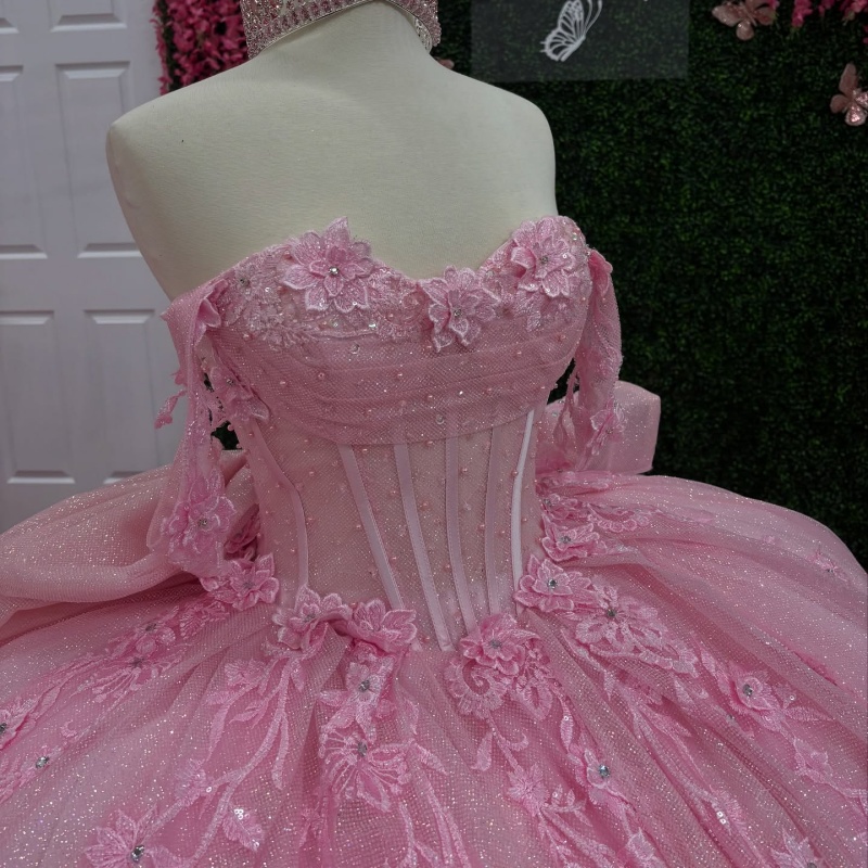 Pink Shiny Off Shoulder Quinceanera Dresses Applique Lace Bow Beads Tull Corset Party Birthday Sweet 16 Dress Vestidos 15 De anos