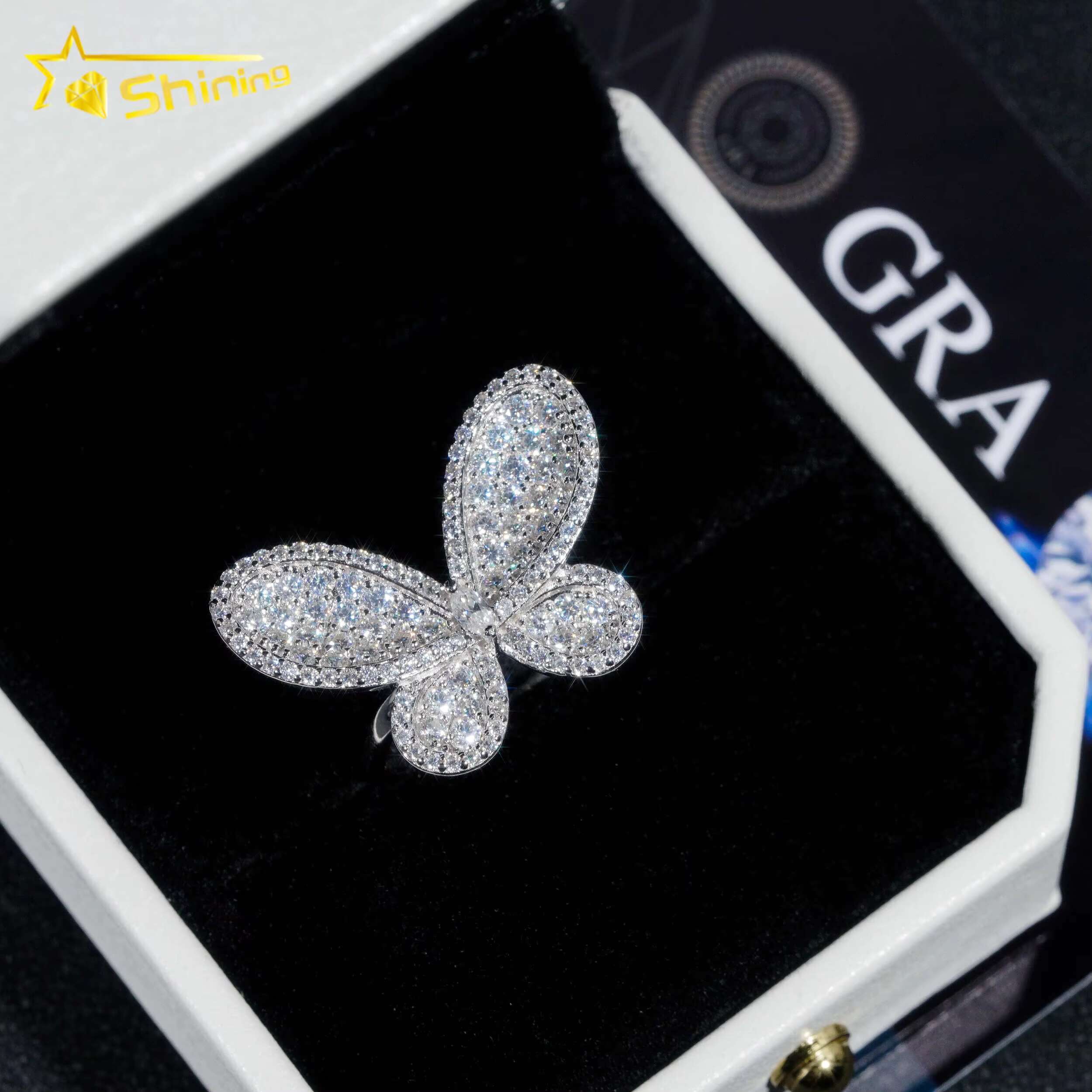 Drop Shipping Sier Gold Plated Hip Hop Jewelry New Style Butterfly VVS Dia Moissanite Ring