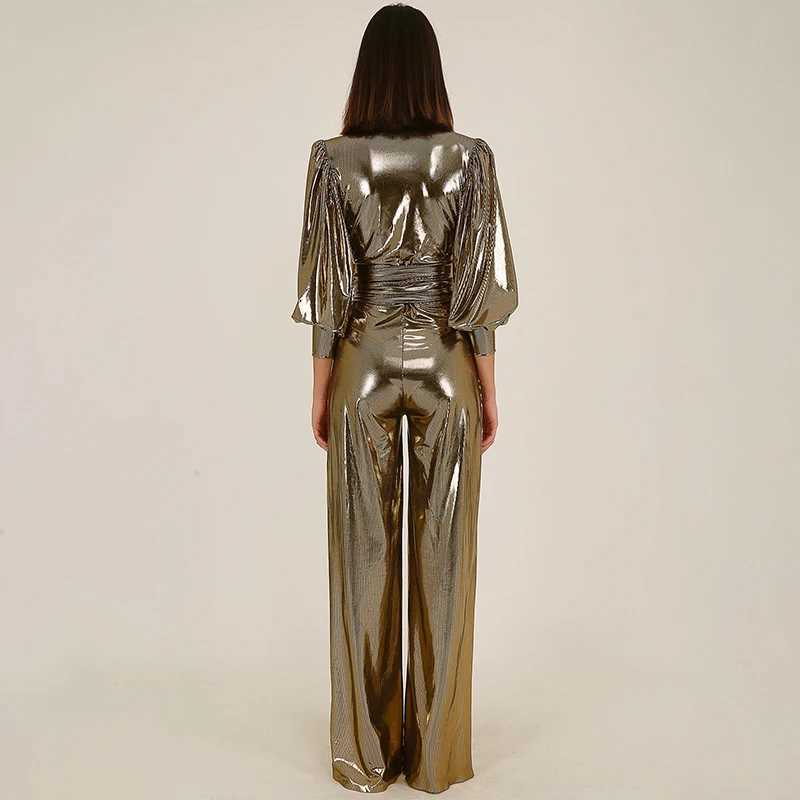 2025 Spring Summer New Arrivals Womens Evening Style Slim Fit Long Sleeve V-Neck Puff Sleeve Metallic Prom Party Jumpsuit X250318