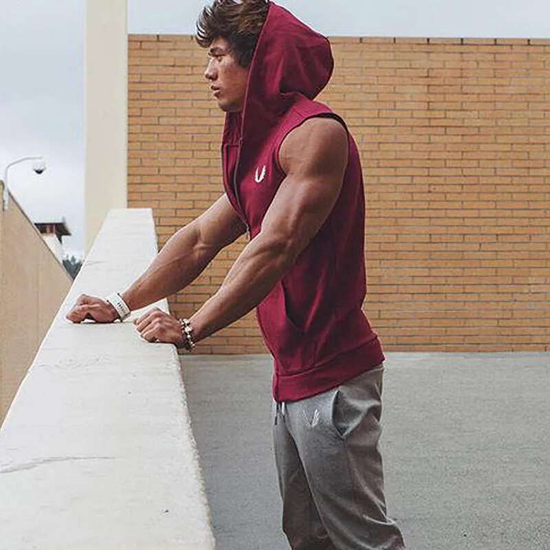 Men's Running Fiess Sleeveless Hooded Sweatshirts Jackets For Man Zip Hoodie Vest Gym Clothing Sportswear Jogging Tracksuits