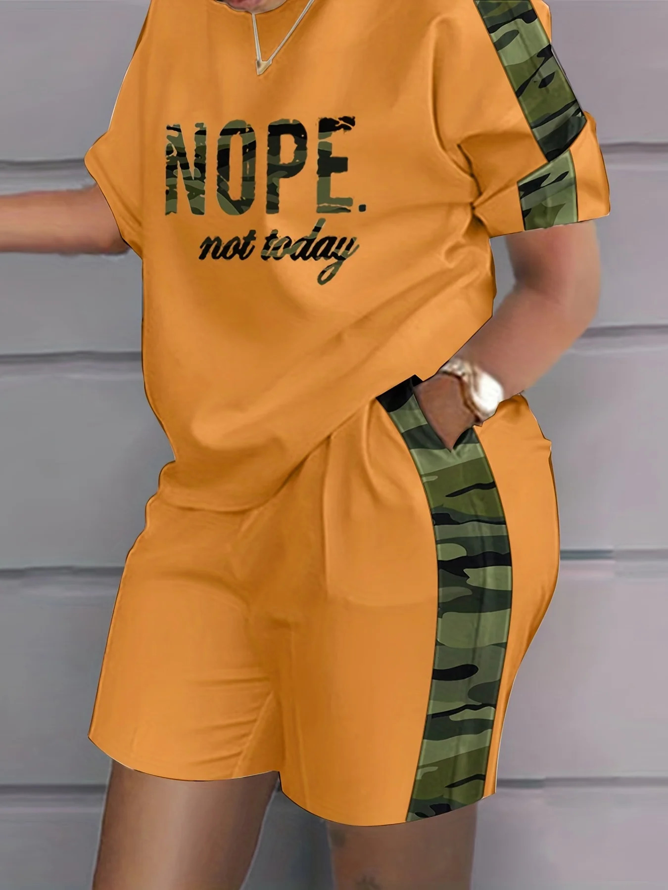 Plus Size Outfits Two Piece Set Womens Plus Letter Print Contrast Panel Short Sleeve Tee Shorts Outfits 2 Piece Set 250318