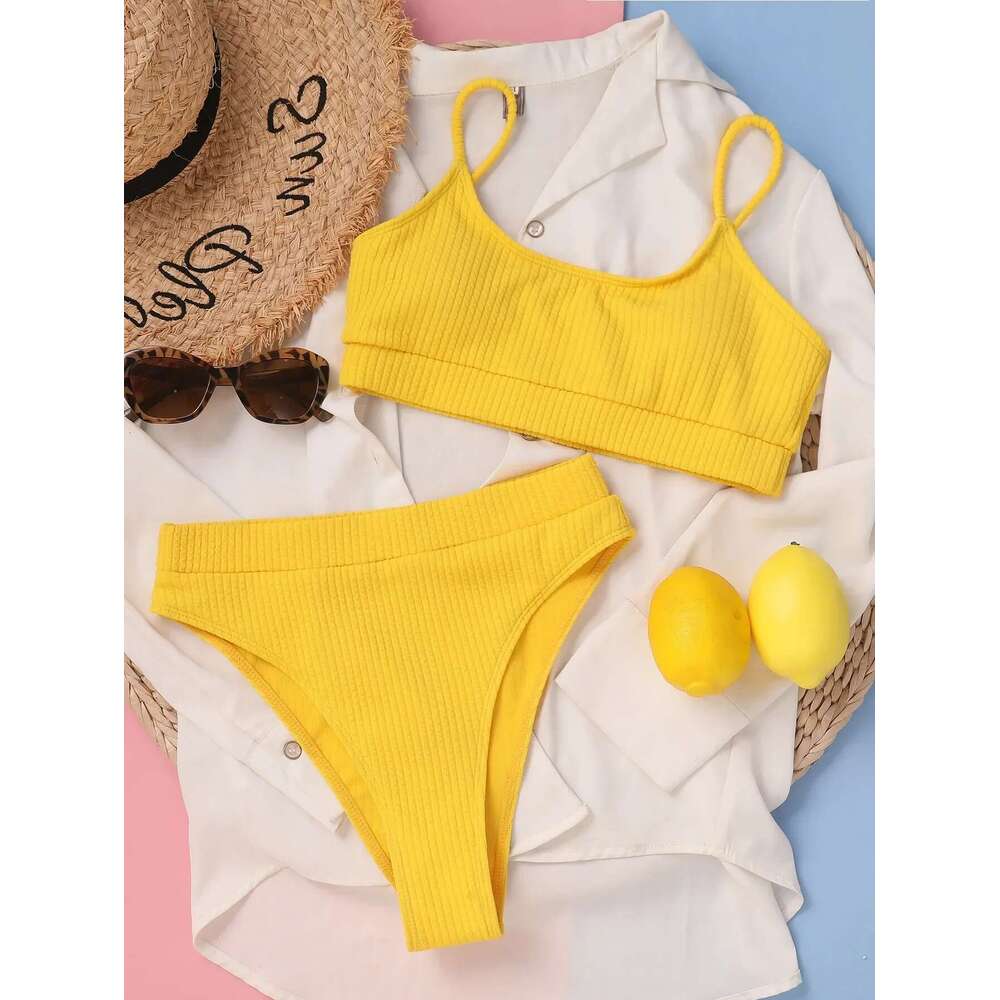 Sexy solid yellow bikini 2024 Mujer high waisted pleated women's swimsuit independent beach swimsuit high waisted swimsuit bikini new style