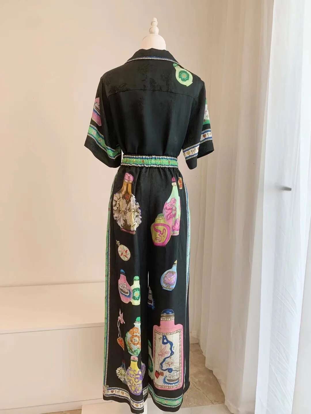 Women Colorful Bottle Printed Notched Single Breasted Casual Blouse Or Drawstring Elastic Waist Wide Leg Long Pants