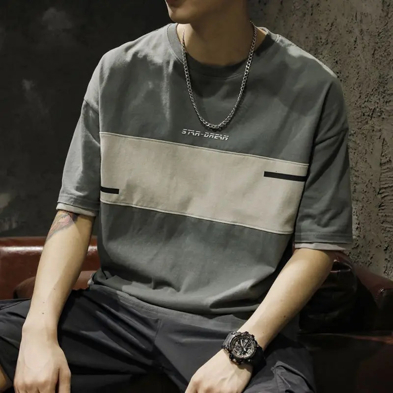 Fashion O-neck splicing printed letters full matching T-shirt for mens wear summer loose Korean style top casual T-shirt 250317