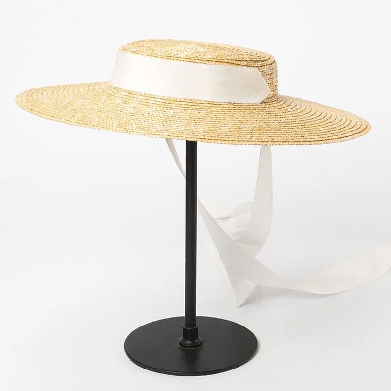 Wide Brim Boater Hat 10cm 15cm Brim Straw Hat Flat Women Summer Derby Hat White Black Ribbon Tie Sun Hat Beach Cap 250318