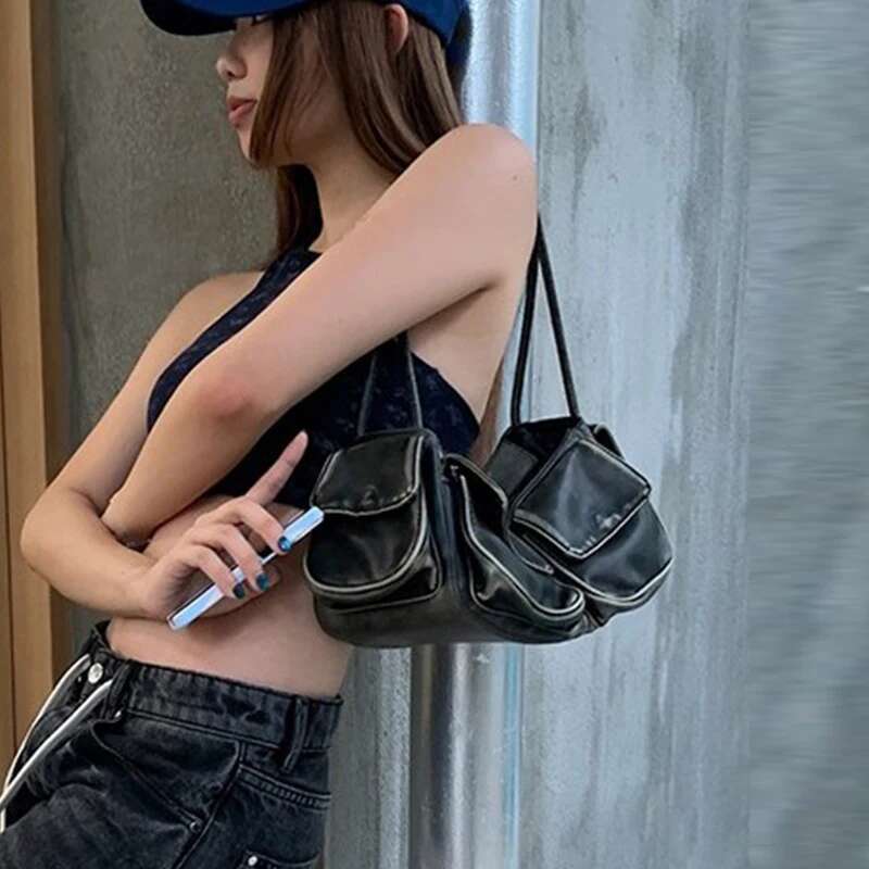 Moto & Biker Y2k Bags For Women Designer Handbags Purses 2023 New In Vintage PU Leather Multiple Pockets Square Shoulder