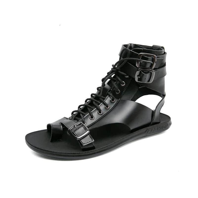 Summer New Fashion High Top Versatile Men's Roman Leather Casual Lace Up Buckle Strap Sandals Men Shoes