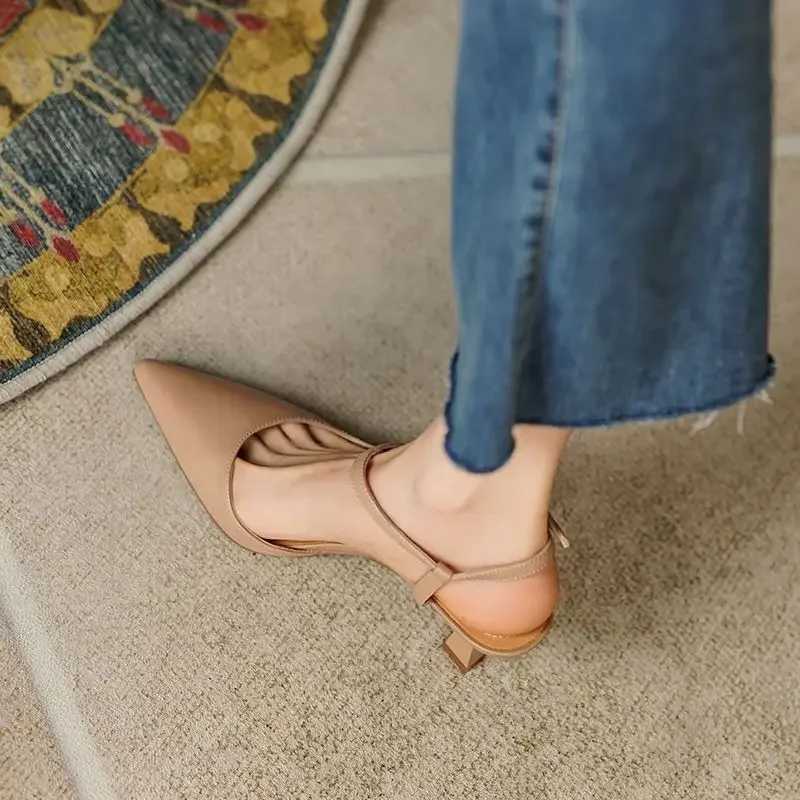 Summer 2024 Pointed Toe White Pumps Heeled High H Footwear Buckles Ladies Shoes Beige Sandals for Wen H Korea Cfort S Y250317