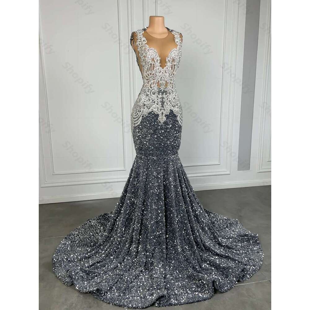 Sparkly Sier Sequin Mermaid Dresses For Black Girls 2025 Real Beaded Crystal Long Prom Birthday Gowns Customized Dr0318