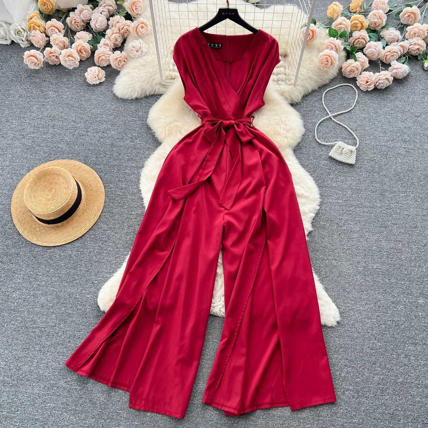 Summer Vintgae Womens Wide Leg jumpsuit Elegant V-Nevck Sveless High Waist Ultra Thin Casual Bandage jumpsuit New Fashion X250318