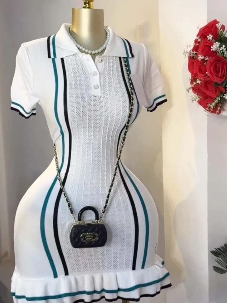 Weird Puss Contrast Stripe Dress Women Knitted Polo-Neck Short Sleeve Ruffles Stretch Hem Casual Trend Streetwear Mini Bodycon 250318