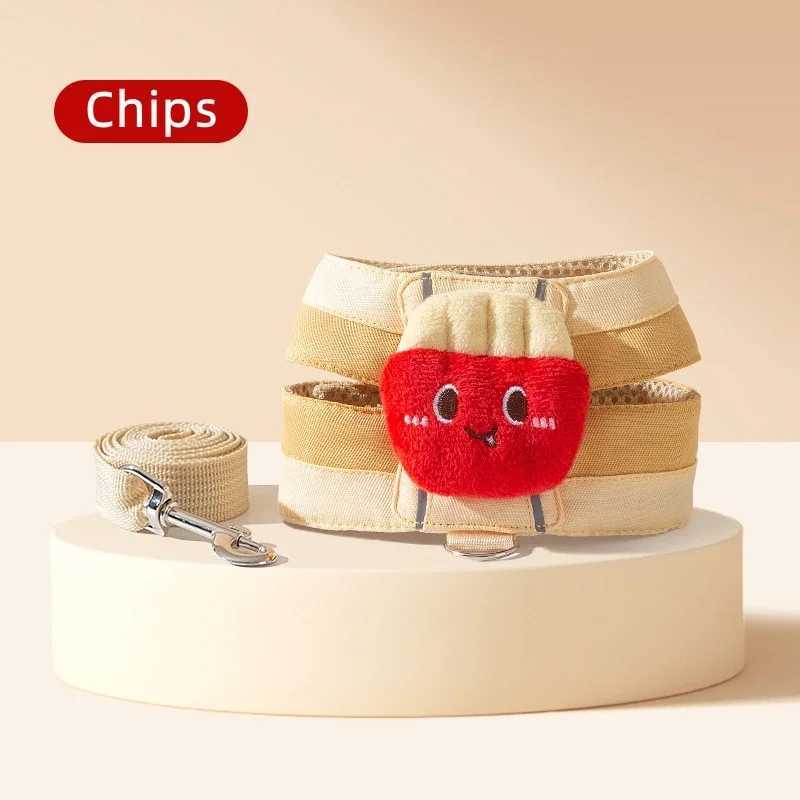 Pet chest harness with rope suitable for cats and dogs cartoon burger chip design walking rope escape vest cat collarT250318