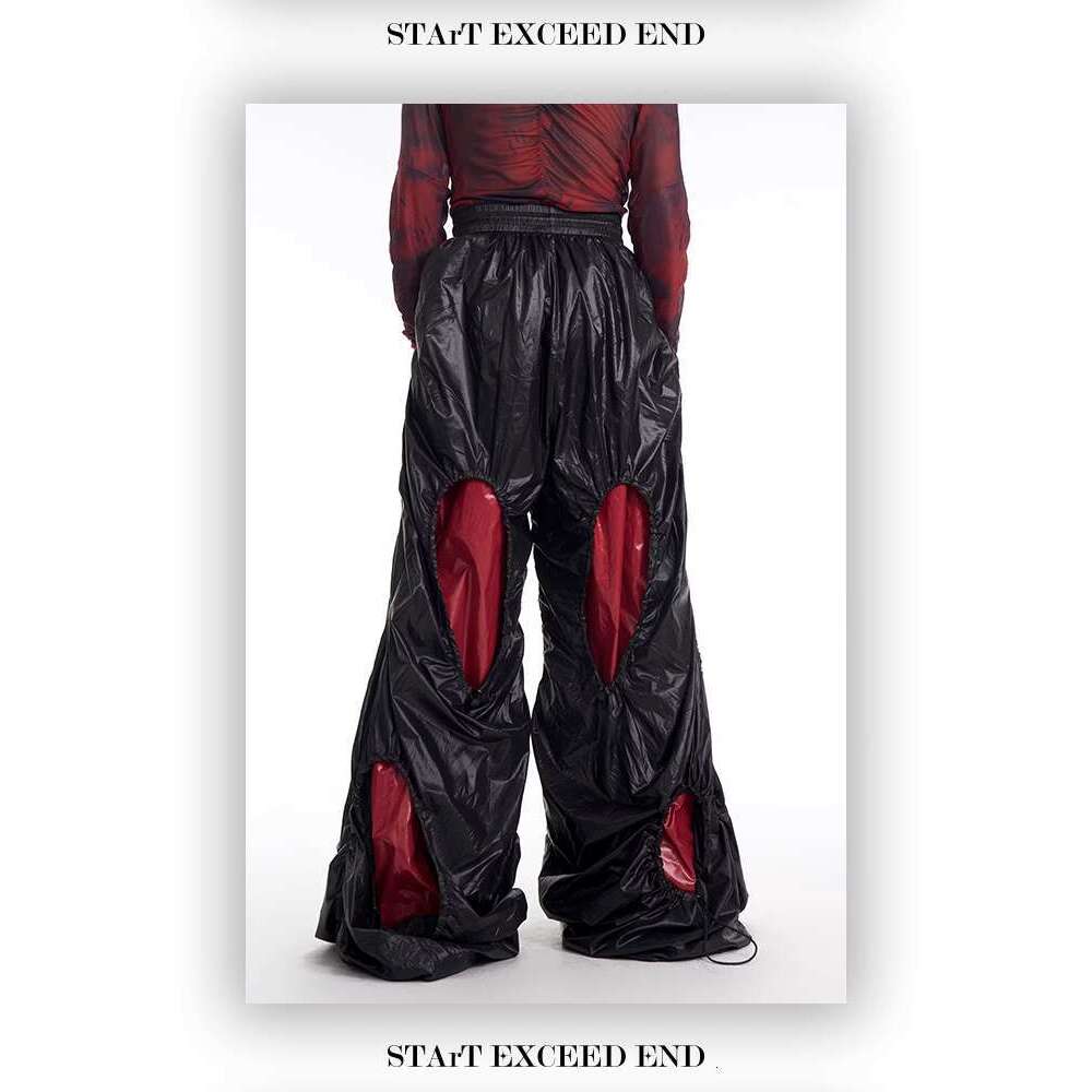 Men's Clothing Leather Pants Uniquely Folded Hollow Drawstring Casual For Men In Spring, New Splicing Color Blocking Stacking Wide Leg Or Pants