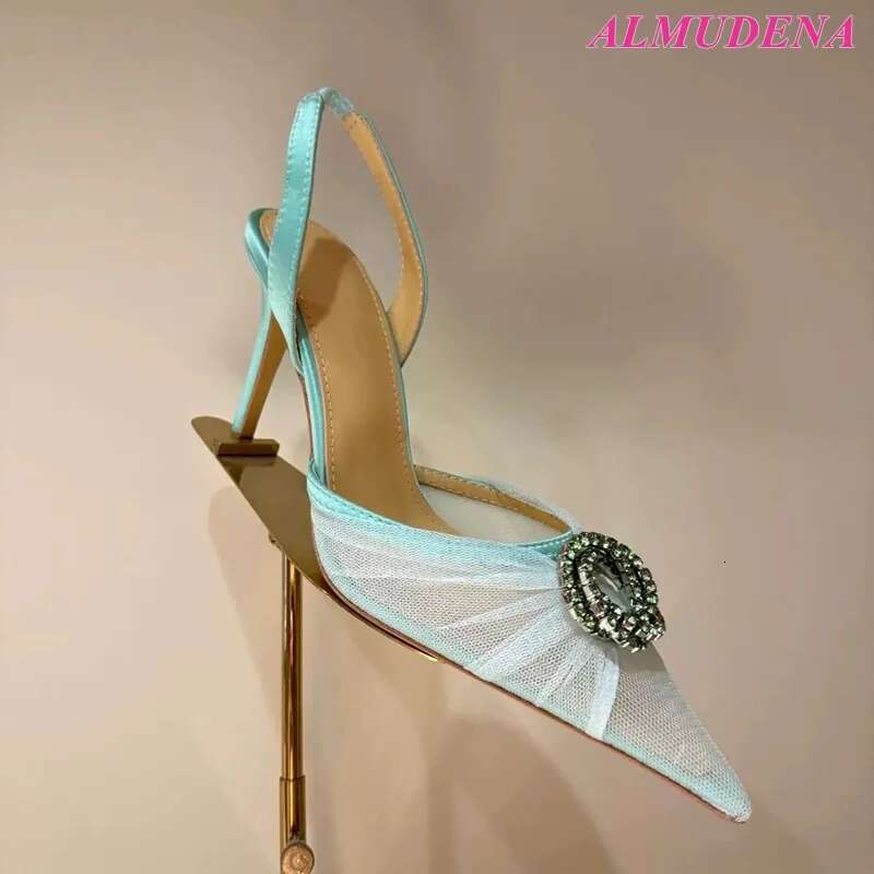 2025 New In Colorful Lace Mesh Crystal Buckled Sandals Women's Pointed Toe Elegant High Heels Sgback Party Shoes
