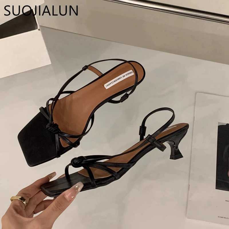 SUOJIALUN 2024 Summer Brand New Sandals Fi Narrowband Womens Elegant Slider Med Heel Outdoor Gladiator Shoes Y250317