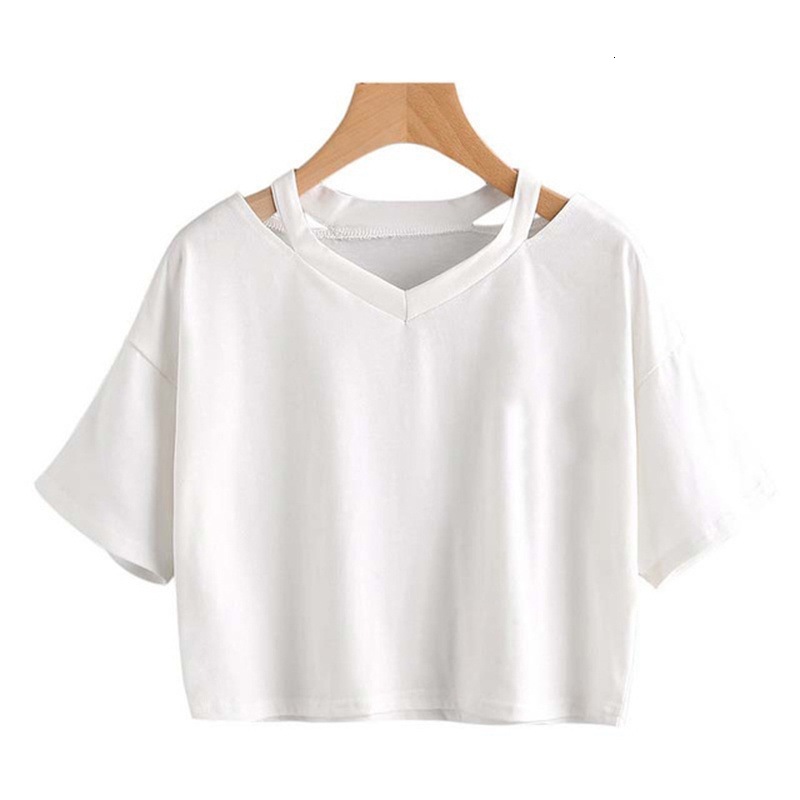 AA Style Off Shoulder Hollow Sexy Solid Color T-Shirt V-Neck Short Sleeved Loose Women's Top