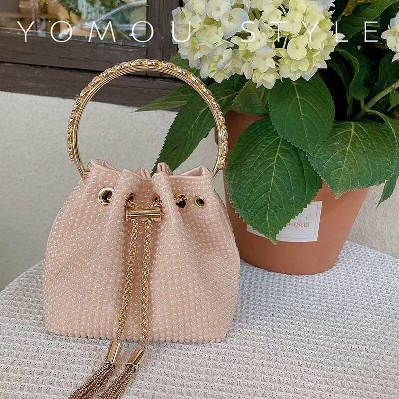 Fashion Ceramic Beads Beaded Shoulder Crossbody Metal Ring Handle Women's Handbag Evening Clutch Lady Purse Bucket Bag