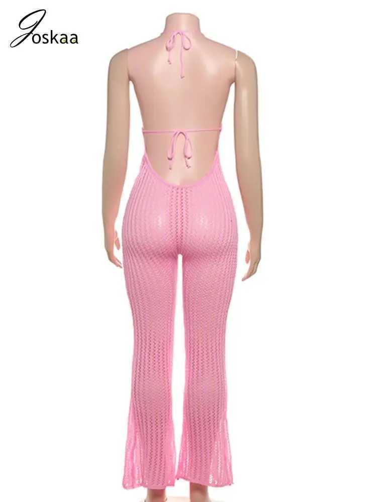 Joskaa Knitted Strap Lace Backless jumpsuit Womens floral decal sleeveless tight jumpsuit 2025 Summer Vacation Beach Wear X250318