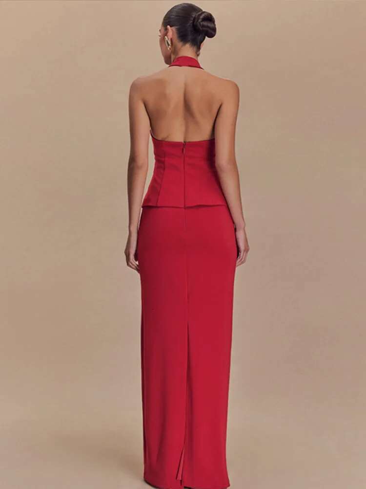 Elegant Halter Vest Skirts Sets Women Sleeveless Backless Ruffle Top Hip Package Split Skirt INS 2025 Spring Summer Party Suits