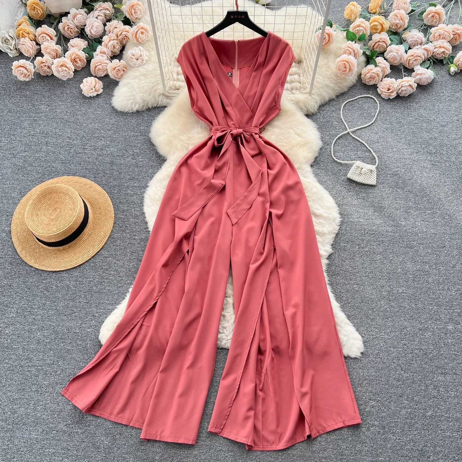 Summer Vintgae Womens Wide Leg jumpsuit Elegant V-Nevck Sveless High Waist Ultra Thin Casual Bandage jumpsuit New Fashion X250318