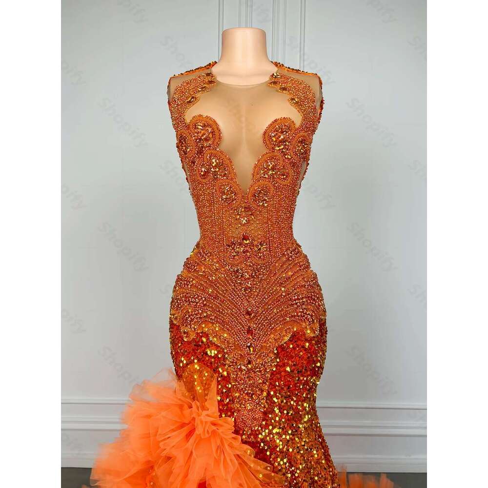 Sparkly Sequin Long Dresses 2024 High Slit Orange Ruffle Crystal Beaded Black Girls Mermaid Prom Gowns Customized Dr0318