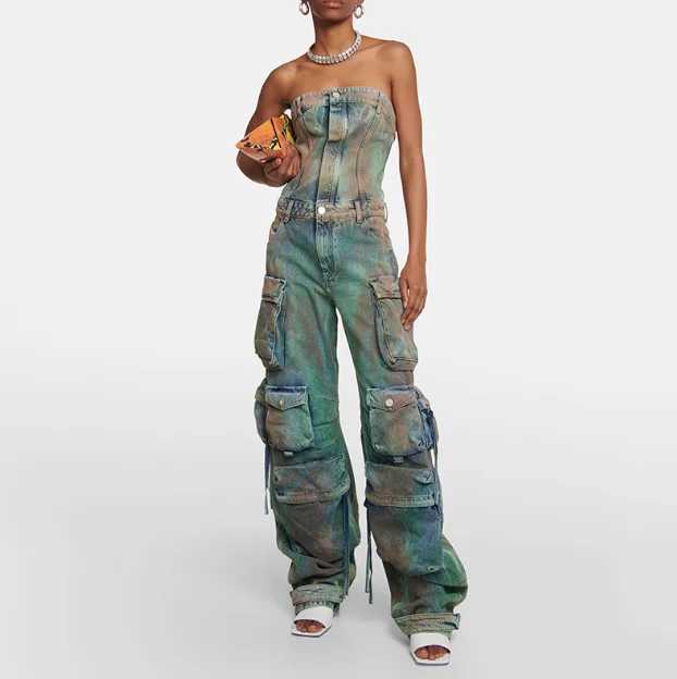 Sexy American hot girl tight strapless jumpsuit retro washed multi pocket cargo pants fashionable denim jumpsuit X250318