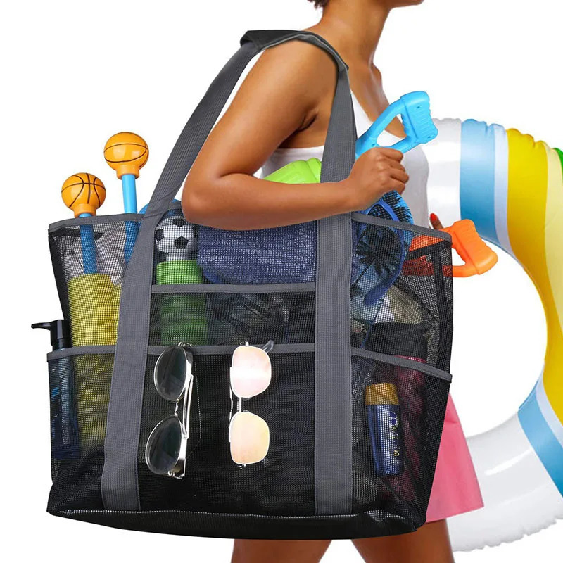 8 Pockets Summer Large Beach Bag for Towels Mesh Durable Beach Bag for Toys Waterproof Underwear Pocket Beach Tote Bag Handbags R250318