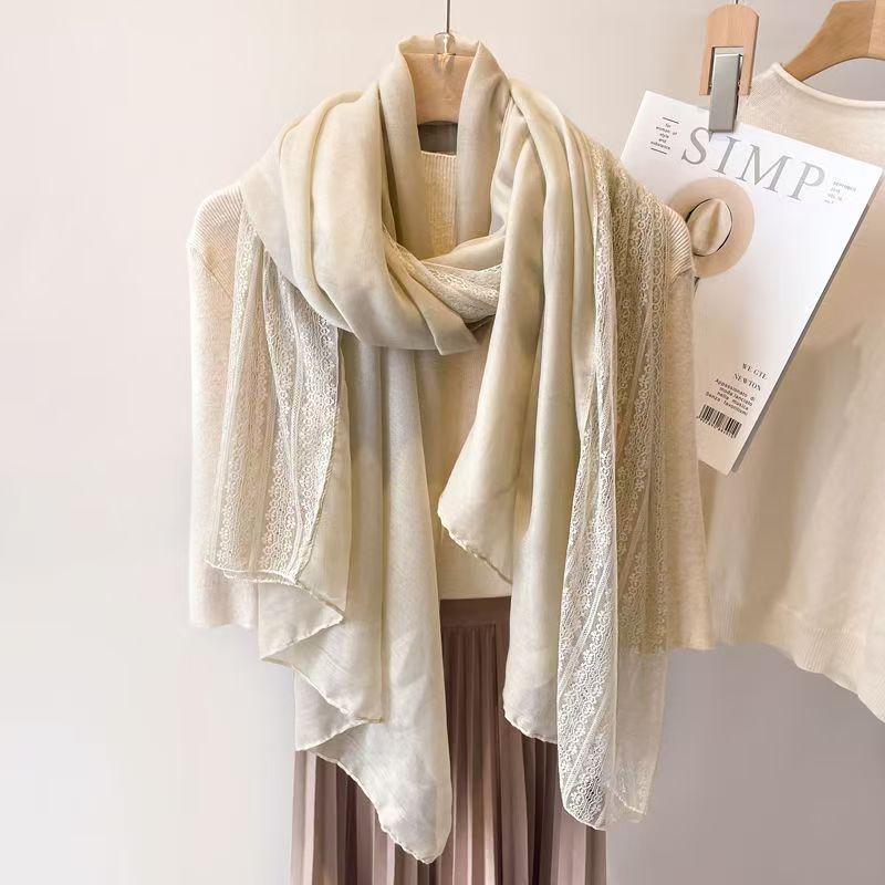 T310 Spring and Autumn new lace splicing versatile scarf female long fashion neck shawl literary cotton and linen thin silk scarf