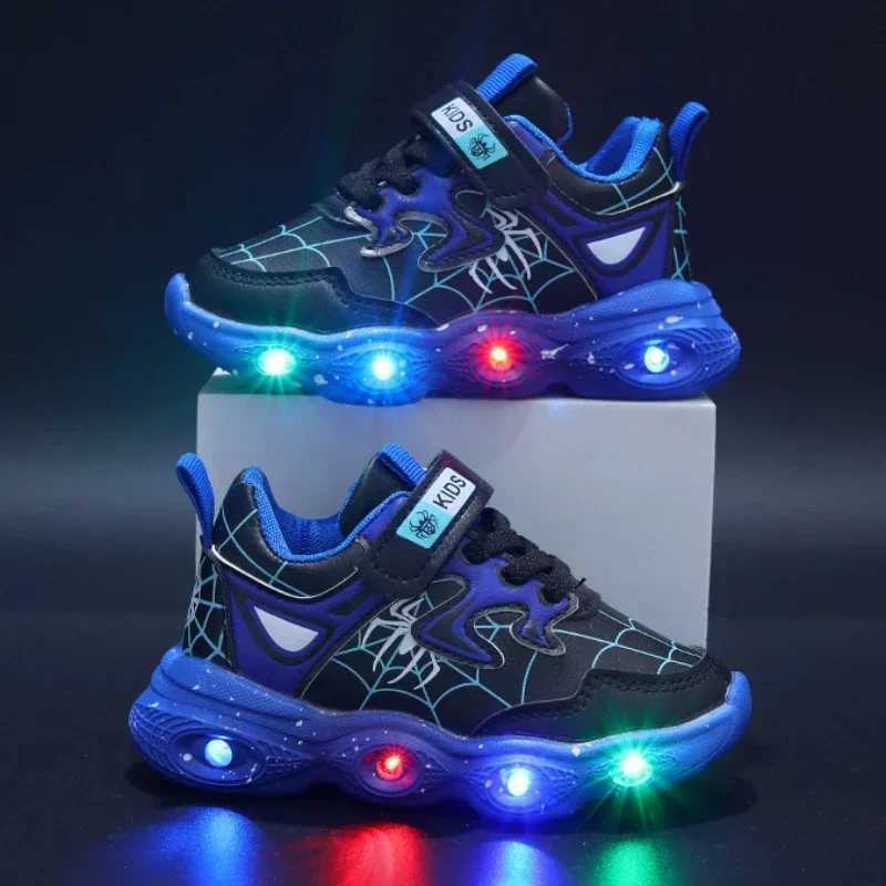 Spring/Summer New Korean Edition Leather Spider Man Single Shoes LED Light Childrens Shoes 1-6 Year Old Boys Sports Shoes W250318