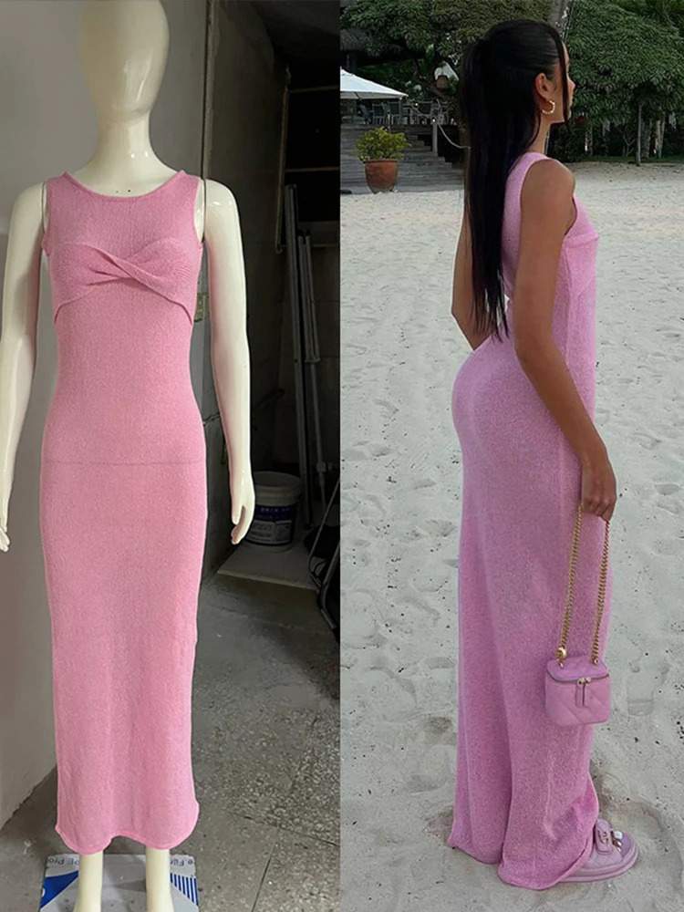 Knitted Sleeveless See Through Dress Women O-neck Slim Sexy Beach Maxi Dresses 2025 Summer White Hip Package Party Beachwear 250318