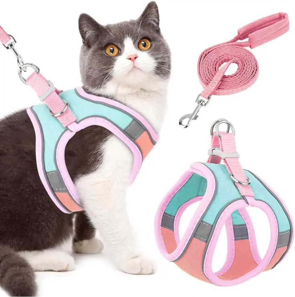 Small pet vest style reflective harness set suitable for night cats with adjustable harness and pet belt setT250318