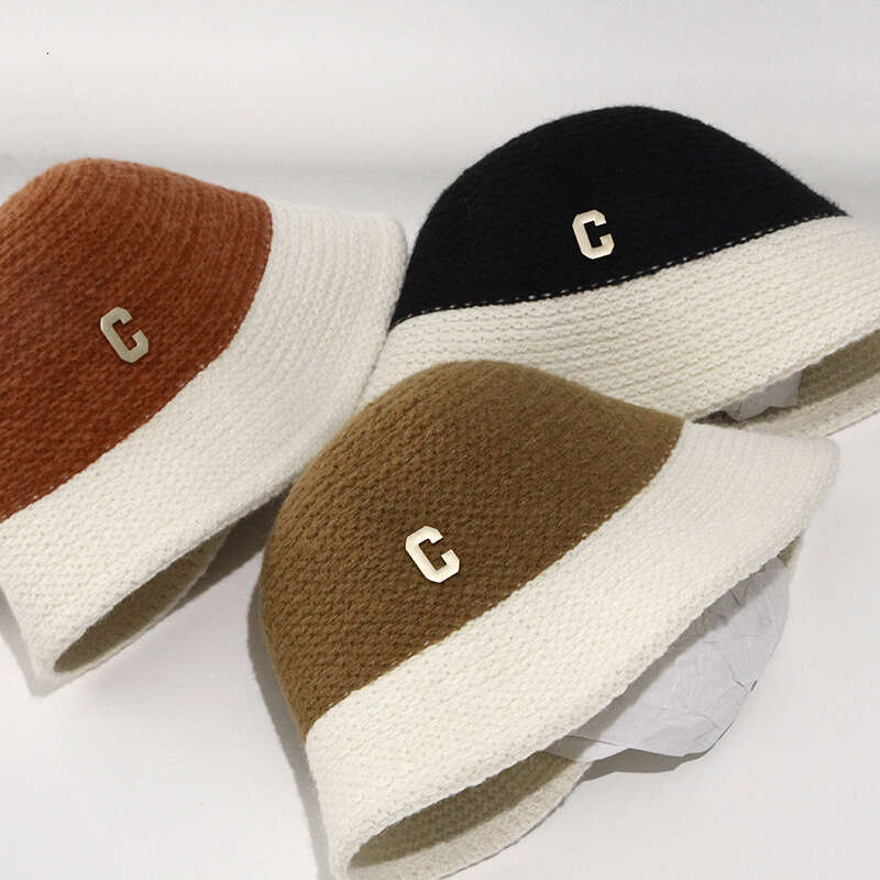 Autumn winter children's C letter color blocked knitted hats, feminine temperament, fashionable and casual look, small splicing design, bucket ha