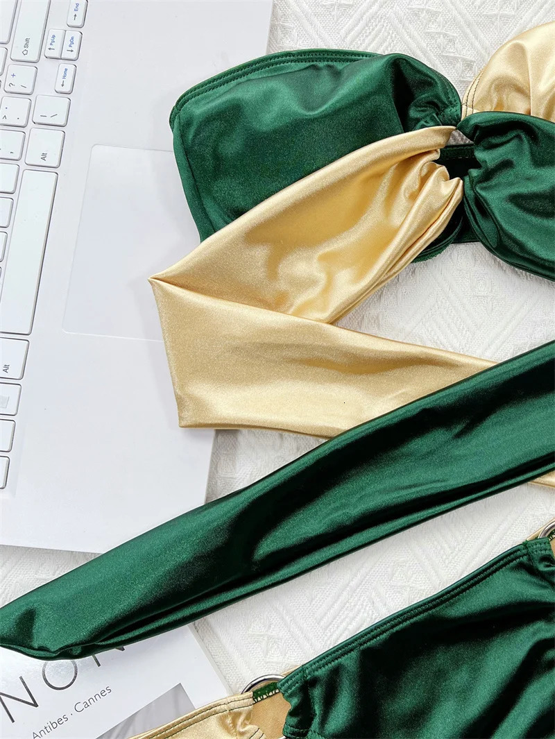 Para Praia Green Gold Bikini Sexy Strapless Bandeau Swimwear Women Brazilian Swimsuit Thong Biquini Bandage Bathing Suit 250318