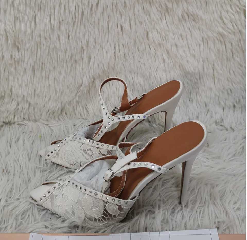 Lace embroidered high-heeled sandals used for angular toes leather toes summer shoes buckle straps thin high heels black and white shoes Y250317