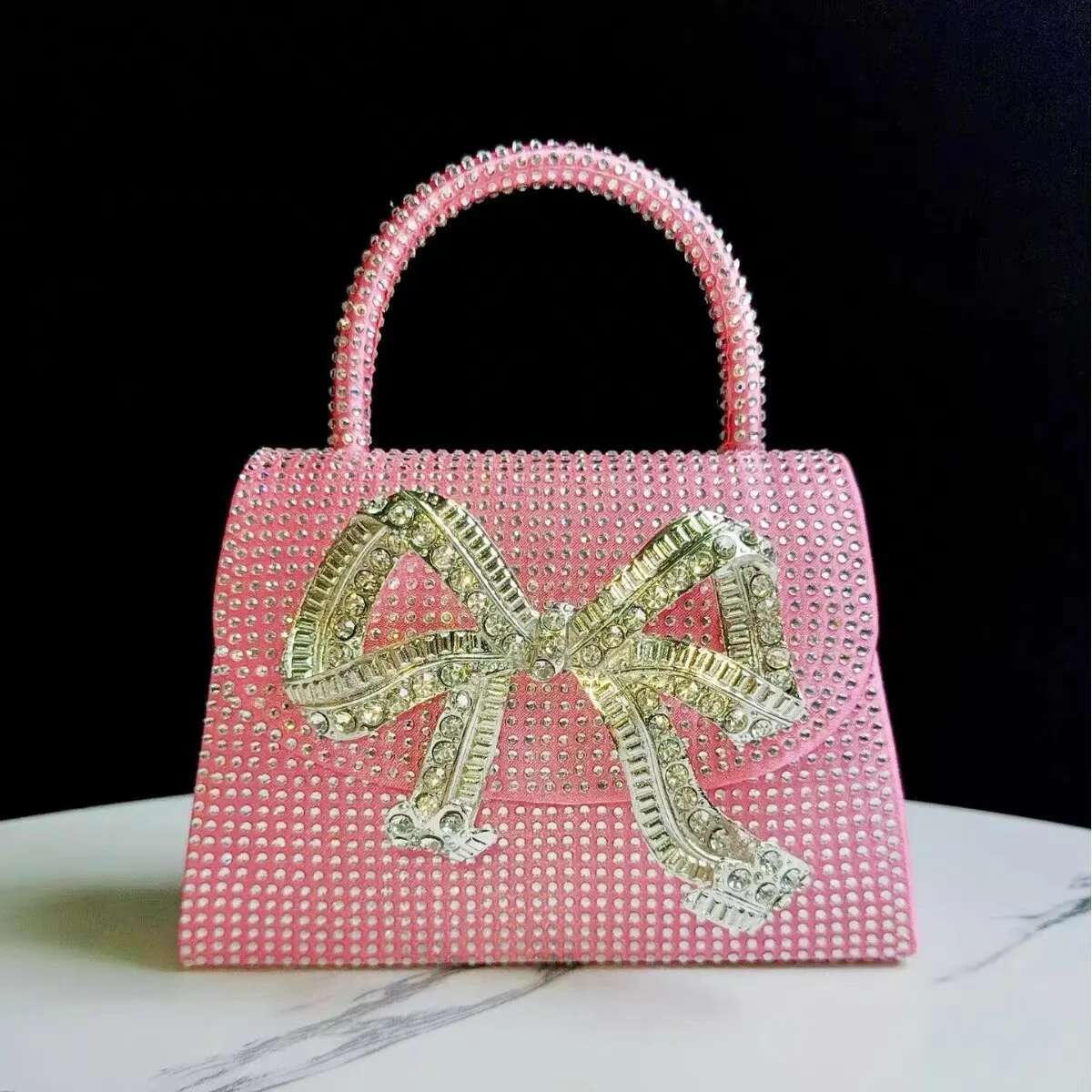 Glitter Shiny Rhies Dia Metal Bow Knot Women's Handbag Shoulder Messenger Wedding Party Clutch Purse Evening Bag