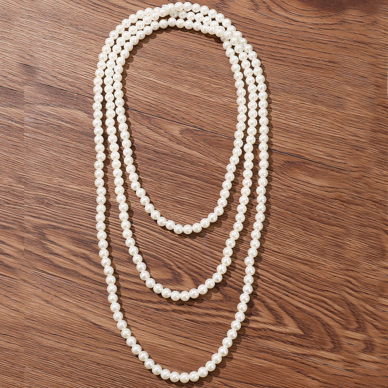8mm Imitation Pearl Long Necklace Women's Fashion Multi-layered Sweater Chain Jewelry