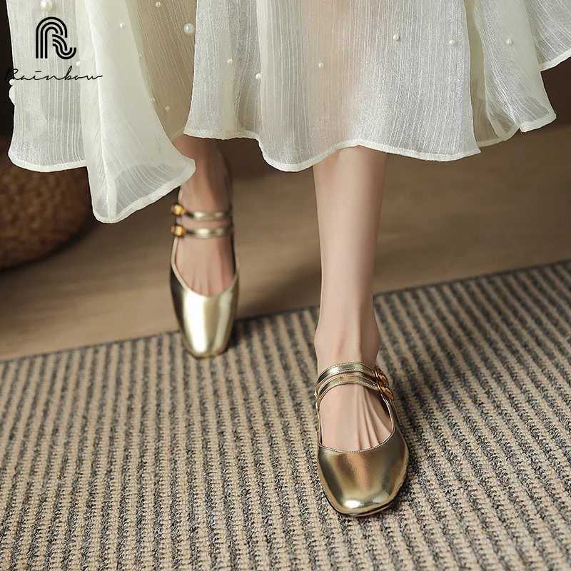 Size 34-40 Wen Shoes Flat Mary Jane Ballet Real Leather Low H Bridal Wedding dress Sliver Gold new Y250317
