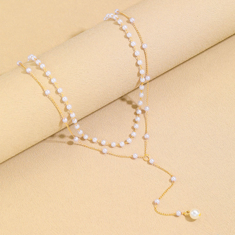 Imitation Pearl Double Necklace Female Personality Y-shaped Pearl Fringe Multi-layer Clavicle Chain Jewelry