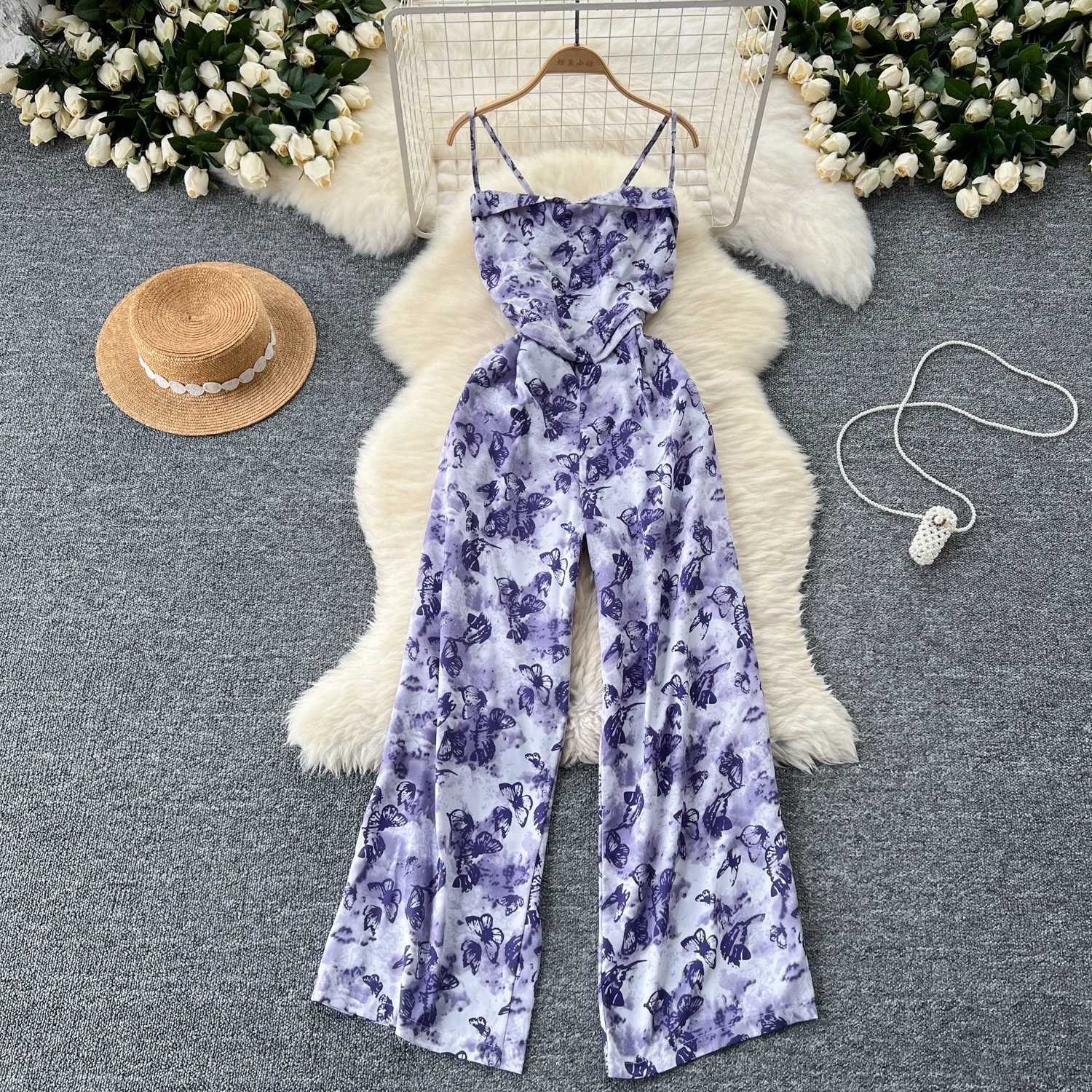 2024 Womens Vacation Fashion jumpsuit Lace spaghetti strap pleated slim fit wide leg beach pants printed summer jumpsuit X250318