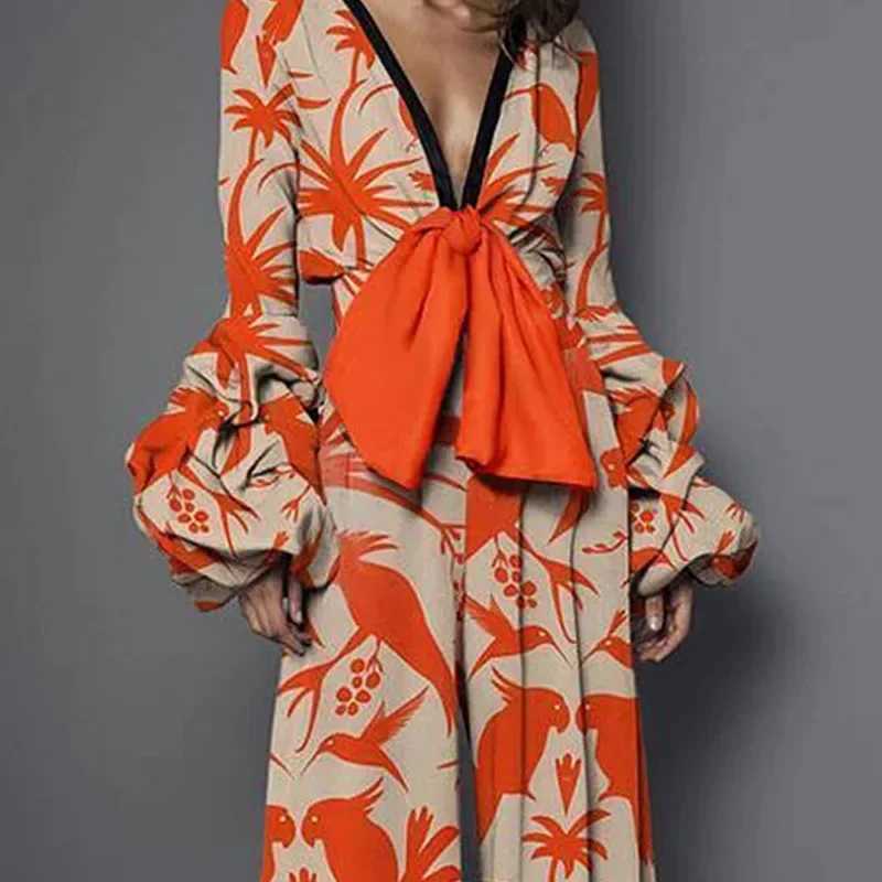 Elegant Women Lantern Slve Jumpsuit Sexy Dp V Tie-up Bowknot Romper Commuter Fashion Print Loose Wide Leg Playsuit Overalls X250318