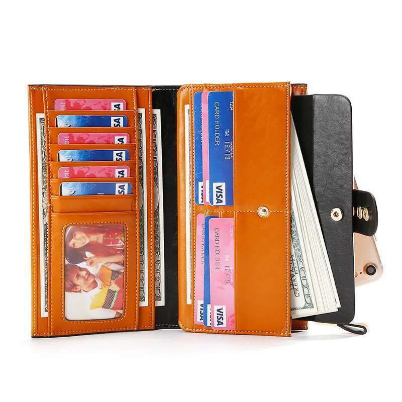 RFID Blocking Genuine Women Long Lady Brand Design Oil Wax Leather Female Wallet Coin Purse