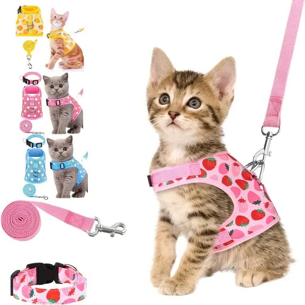3-piece set of soft cat harness and belt collar pet harness suitable for walking cats dogs and small petsT250318