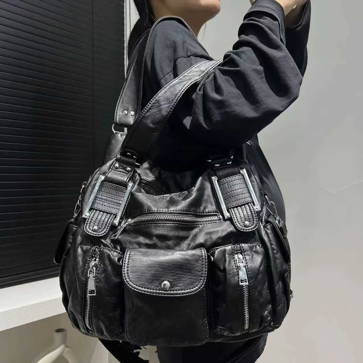 Fi Y2K Hot Girl Motorcycle Bag with Litchi Pattern Mti Pocket Sole Cross body Bag Y250318
