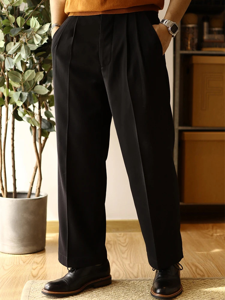 Spring Trendy Mens Trousers Solid Color Pleated Loose Straight Pants Men Leisure Breathable Suit Trousers Mens Clothing 250317